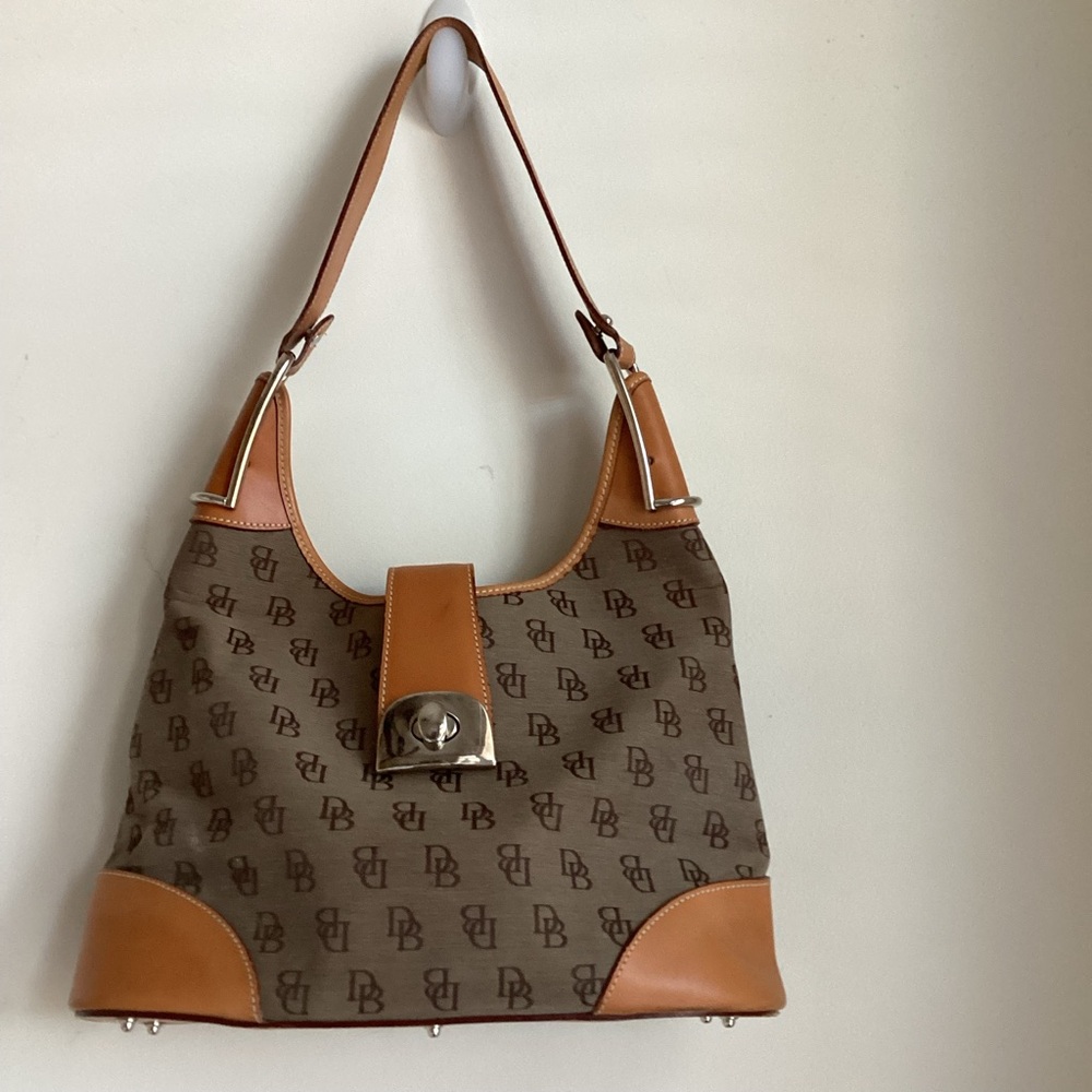 Dooney & Bourke Signature Crescent Shoulder Bag DB Monogram Canvas Leather Trim
